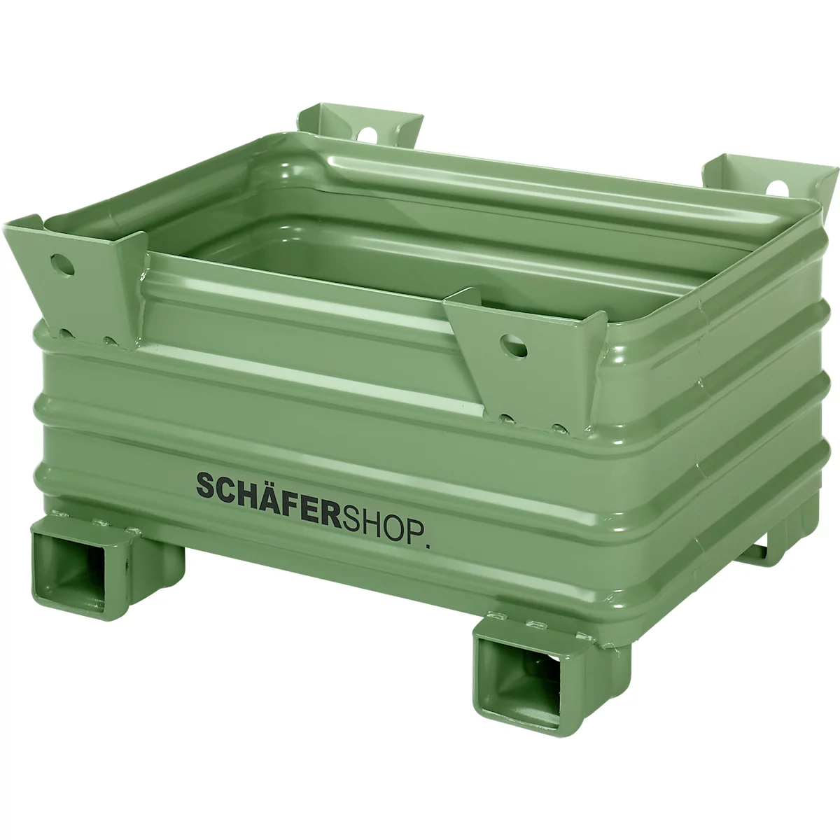 Lichtgroene, stapelbare metalen kist met gegolfde zijkanten en draagvoorzieningen. De tekst 'SCHÄFERSHOP' is zichtbaar.